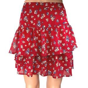 Gab & Kate Women's Red Multicolor Floral Tiered High Waisted Mini Skirt Sz M